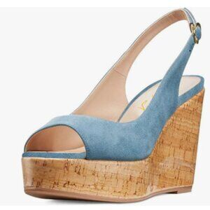FOWT Blue Peep Toe Slingback Platform Wedge High Heel Buckle Open Toe Sandals